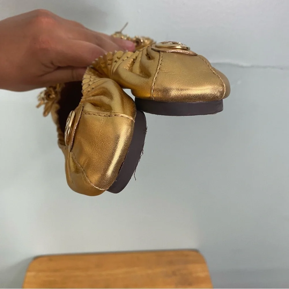 Tory‎ Burch Gold Metallic Tassel Leather Ballet Flats Sz 7.5